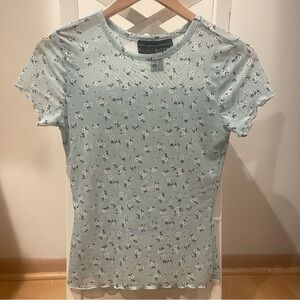 Light Blue Floral Ribbed Short Sleeve Top